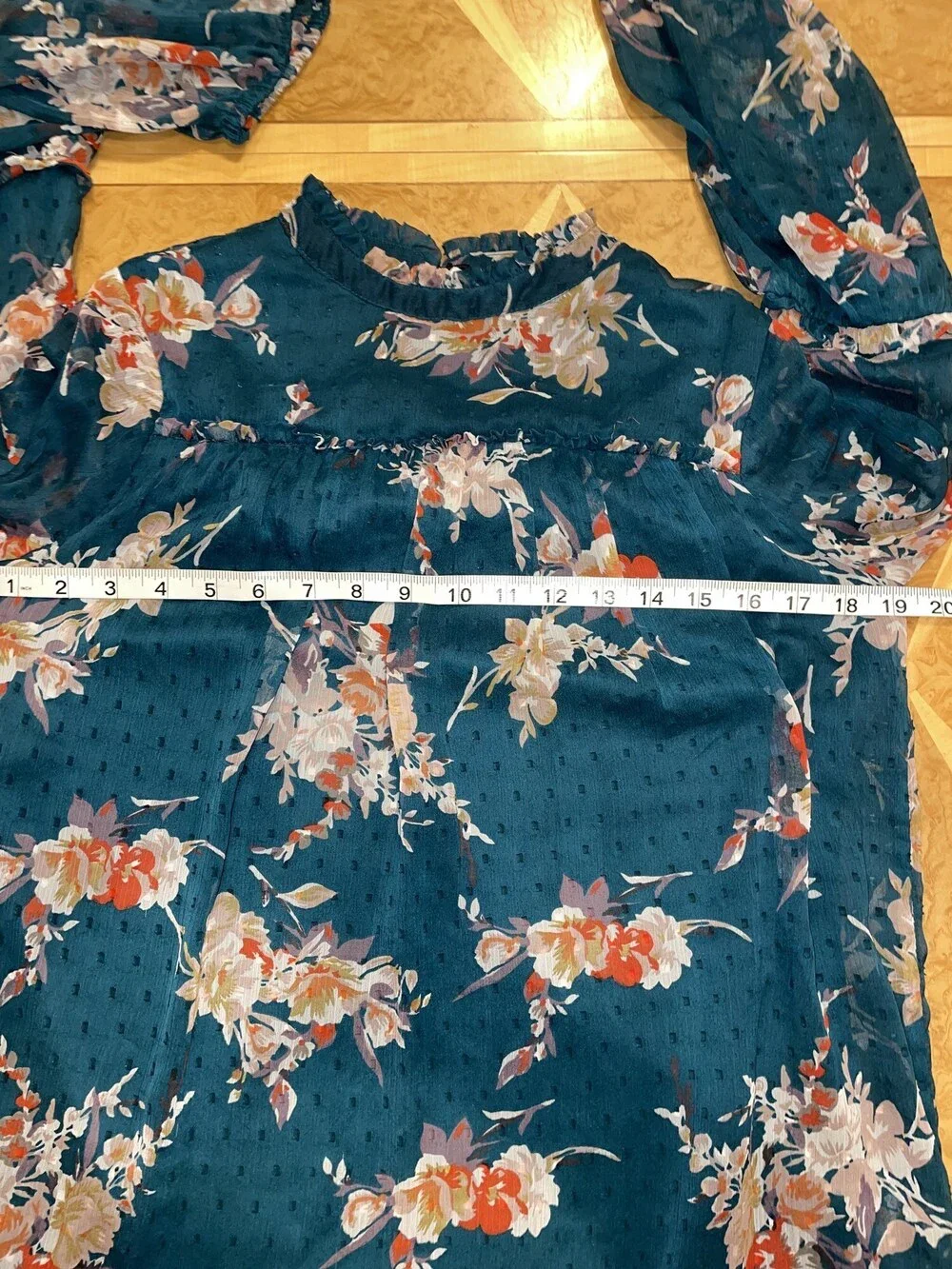 Japna Floral Boho Semi Sheer Mock Neck Bell Sleeve Peasant Dress Size Medium